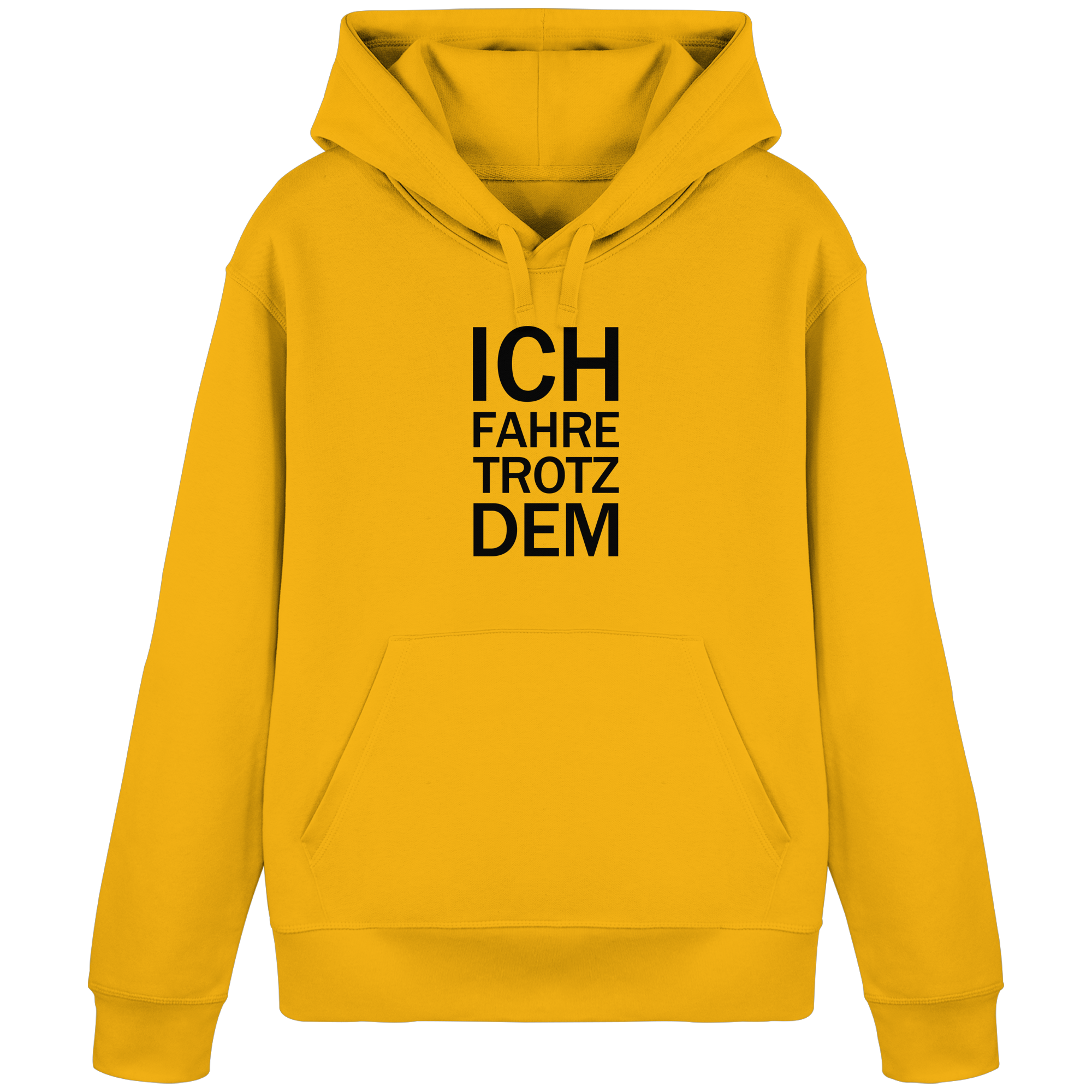Gelber Weißes Bio-Basic-Hoodie mit dem schwarzen Aufdruck Ich fahre trotzdem 