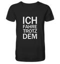 Schwarzes Bio-V-Neck-Shirt mit dem weißen Aufdruck Ich fahre Trotzdem 